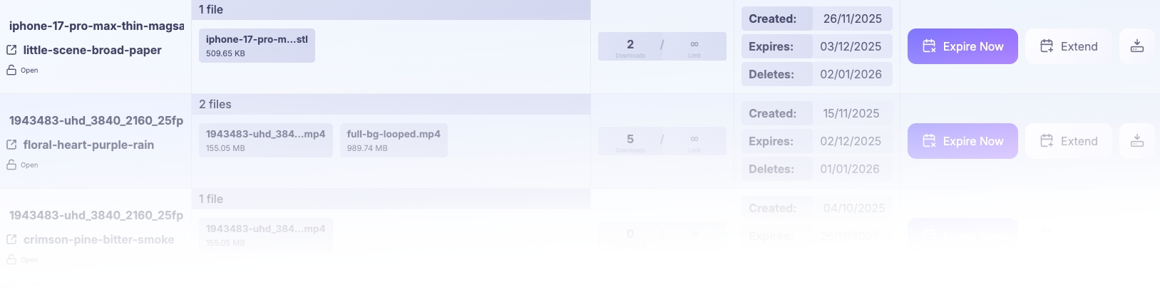 Tableau de bord montrant les partages de fichiers avec compteurs de téléchargement et dates d'expiration