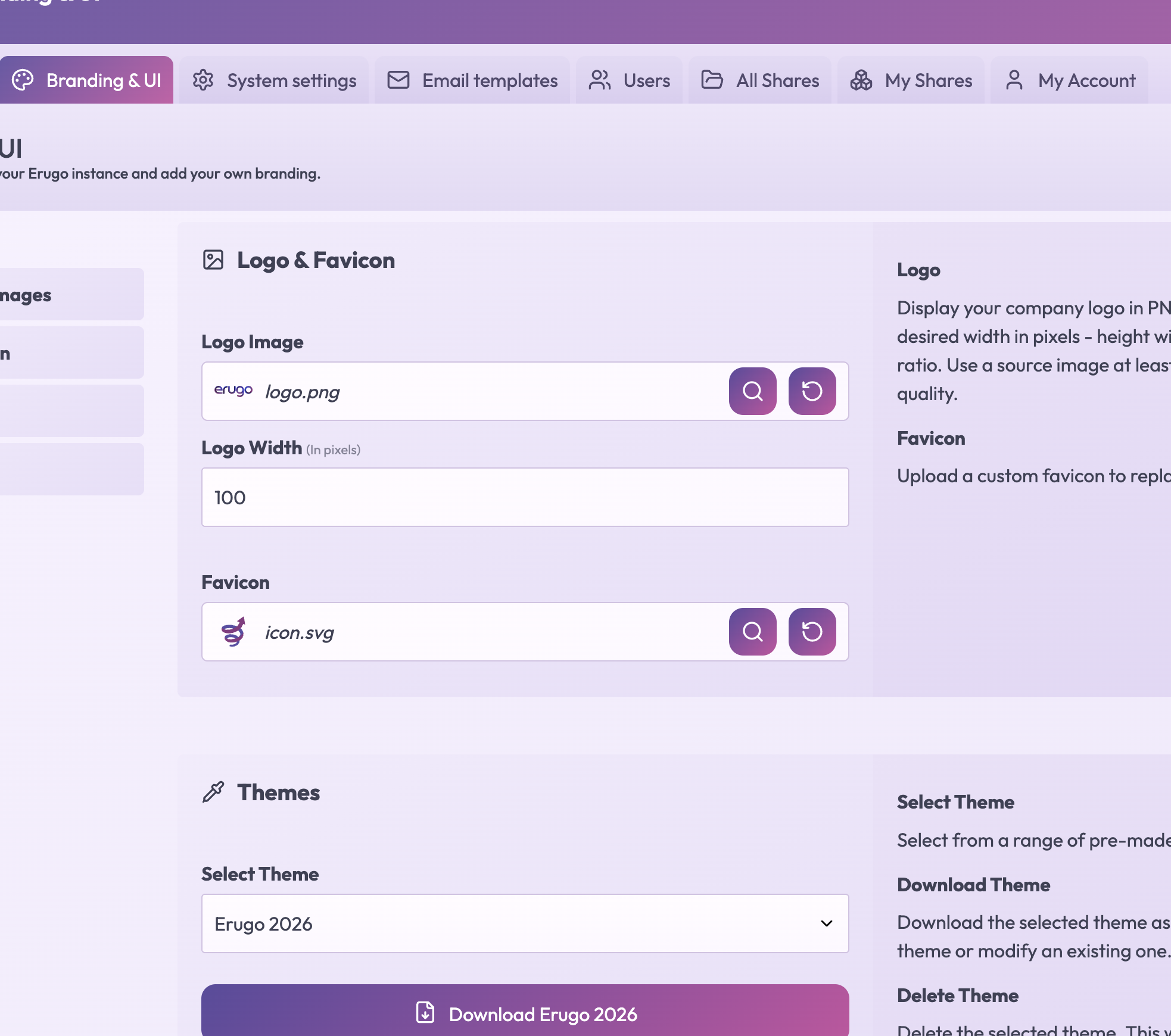 Erugo logo settings panel showing logo upload and width configuration options
