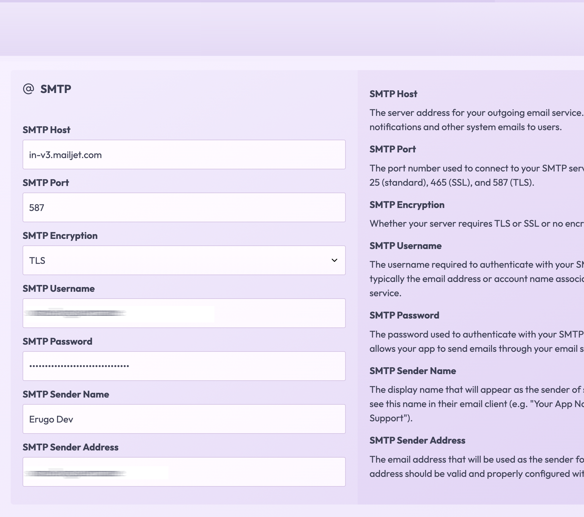 Erugo SMTP configuration panel showing host, port, encryption, username, password, sender name, and sender address fields