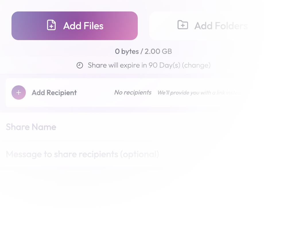 Interface de téléversement Erugo montrant les boutons Ajouter des fichiers et Ajouter des dossiers